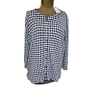 Crown & Ivy Blouse Shirt Womens Large Black White Plaid Button Front Stretch